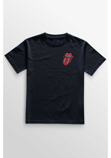 Lacivert Tişört Rolling Stones Rock Retro 70S 80S Music Baskılı Unisex T-Shirt