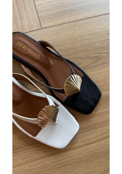 Siyah Cilt Midye Kabuklu Parmak Arası Düz Terlik