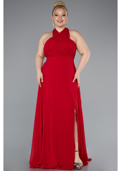 Yırtmaçlı Uzun Şifon Büyük Beden Mezuniyet Elbisesi ABU4951