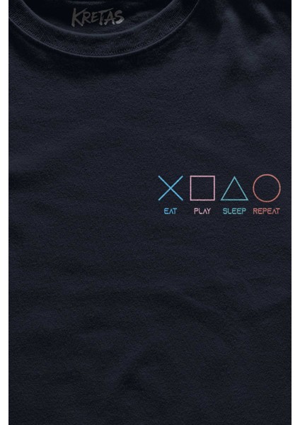 Unisex Lacivert T-Shirt Eat Play Sleep Repeat Gamer Oyun Minimal Ön Baskılı Tişört fiyatları