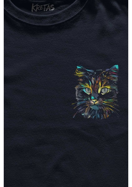 Unisex Lacivert T-Shirt Renkli Sevimli Kedi Rengarenk Minnoş Cat Minimal Ön Baskılı Tişört fiyatları