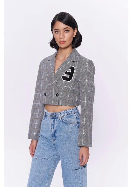 Çift Düğmeli Crop Blazer Ceket Gri