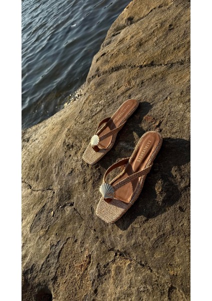 Bej Hasır Midye Kabuklu Parmak Arası Düz Terlik