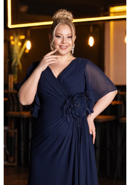 Kısa Kol Bacak Dekolteli Uzun Şifon Büyük Beden Abiye ABU4911