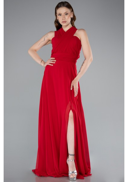 Bacak Dekolteli Uzun Şifon Mezuniyet Elbisesi ABU4965