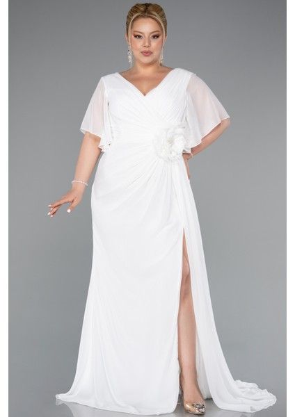 Kısa Kol Bacak Dekolteli Uzun Şifon Büyük Beden Abiye ABU4911