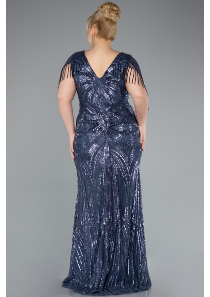 Kısa Kol V Yaka Uzun Pul Payet Büyük Beden Abiye ABU4953 fiyatları