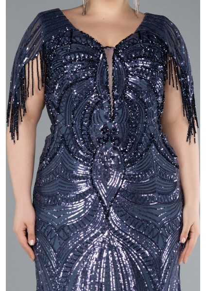 Kısa Kol V Yaka Uzun Pul Payet Büyük Beden Abiye ABU4953 modelleri