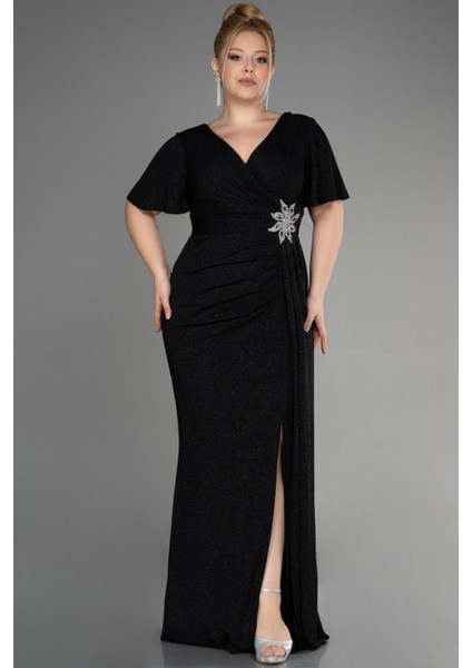 Kısa Kol Yırtmaçlı Uzun Simli Büyük Beden Abiye ABU5011