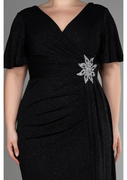 Kısa Kol Yırtmaçlı Uzun Simli Büyük Beden Abiye ABU5011 modelleri