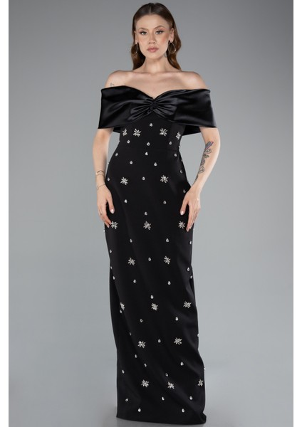 Saten Kayık Yaka Taşlı Uzun Abiye Elbise ABU4973