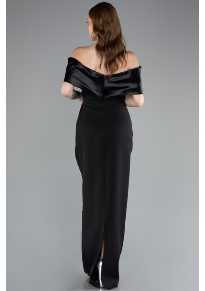 Saten Kayık Yaka Taşlı Uzun Abiye Elbise ABU4973 fiyatları