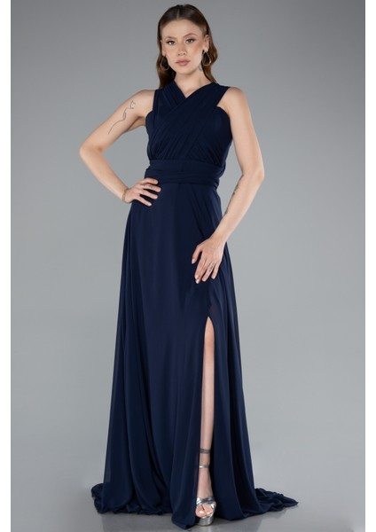 Bacak Dekolteli Uzun Şifon Mezuniyet Elbisesi ABU4965