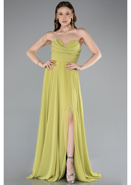 Straplez Bacak Dekolteli Uzun Şifon Mezuniyet Elbisesi ABU4966