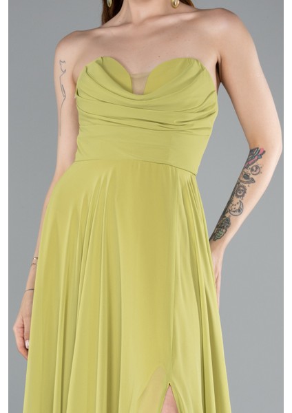 Straplez Bacak Dekolteli Uzun Şifon Mezuniyet Elbisesi ABU4966 modelleri