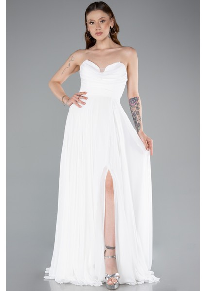 Straplez Bacak Dekolteli Uzun Şifon Mezuniyet Elbisesi ABU4966