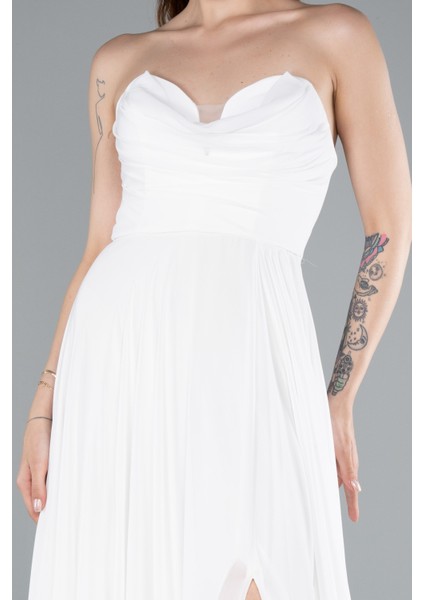 Straplez Bacak Dekolteli Uzun Şifon Mezuniyet Elbisesi ABU4966 modelleri