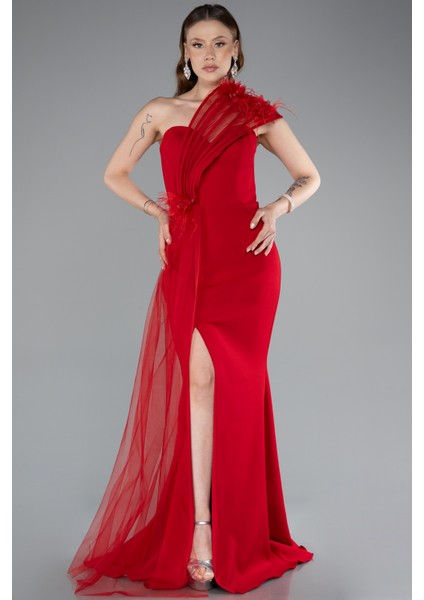 Tek Omuz Çiçek Aksesuarlı Yırtmaçlı Uzun Abiye ABU4969 fiyatları