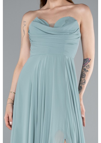 Straplez Bacak Dekolteli Uzun Şifon Mezuniyet Elbisesi ABU4966 modelleri