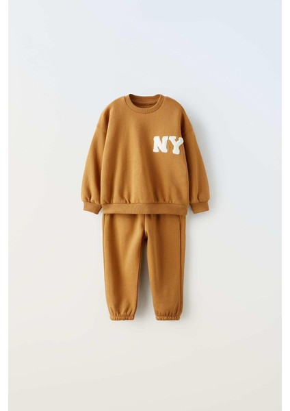 Unisex Çocuk Pamuklu Hardal "ny" Nakışlı Sweatshirt Eşofman Alt-Üst Takım - Rahat Kalıp