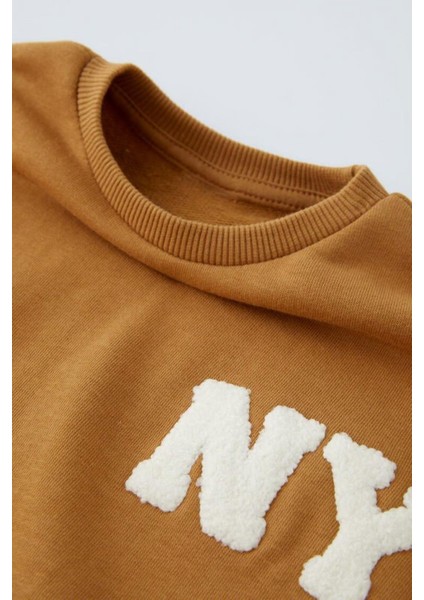 Unisex Çocuk Pamuklu Hardal "ny" Nakışlı Sweatshirt Eşofman Alt-Üst Takım - Rahat Kalıp fırsatları