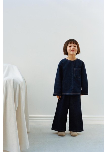 Kız Çocuk Pamuklu Lacivert Denim Bol Paça Takım - Cepli Üst