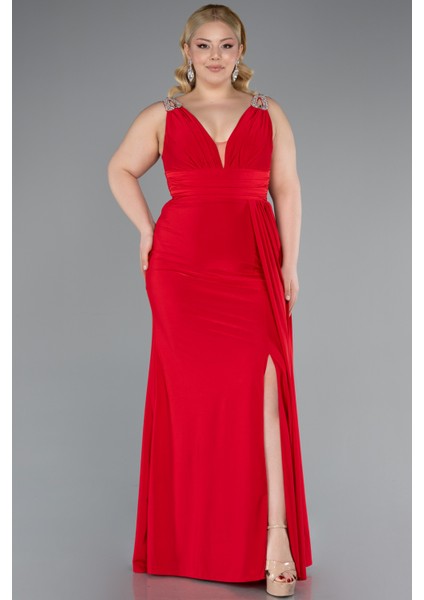 Kolsuz V Yaka Yırtmaçlı Uzun Büyük Beden Abiye ABU4968