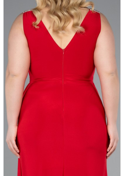 Kolsuz V Yaka Yırtmaçlı Uzun Büyük Beden Abiye ABU4968 fırsatları