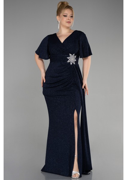 Kısa Kol Yırtmaçlı Uzun Simli Büyük Beden Abiye ABU5011