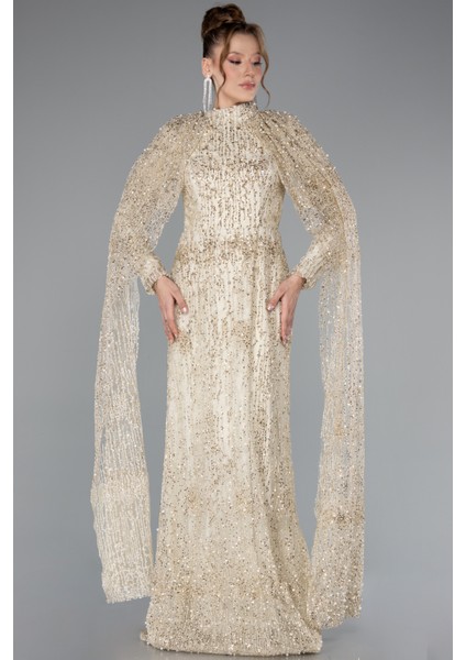 Uzun Kol Şallı Dik Yaka Pullu Tesettür Abiye ABU4993