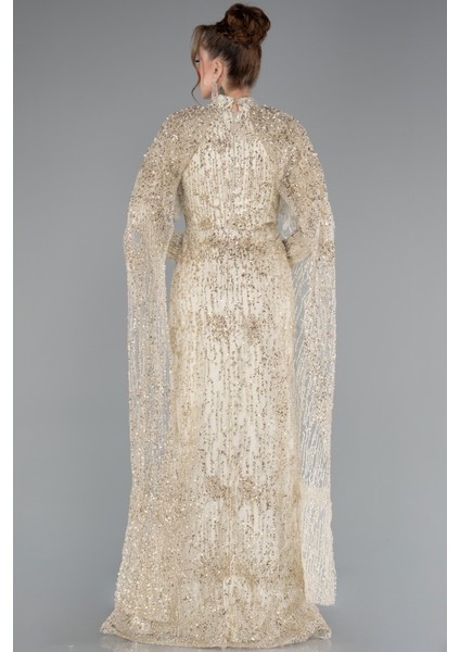 Uzun Kol Şallı Dik Yaka Pullu Tesettür Abiye ABU4993 fiyatları