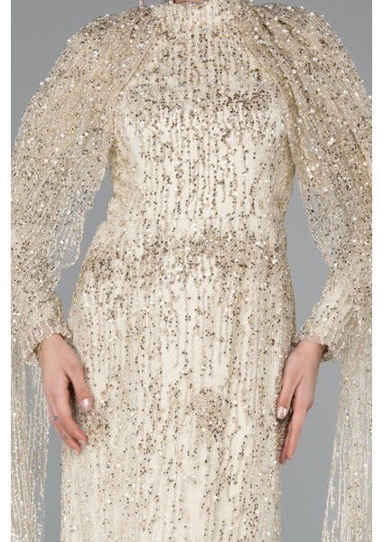 Uzun Kol Şallı Dik Yaka Pullu Tesettür Abiye ABU4993 modelleri