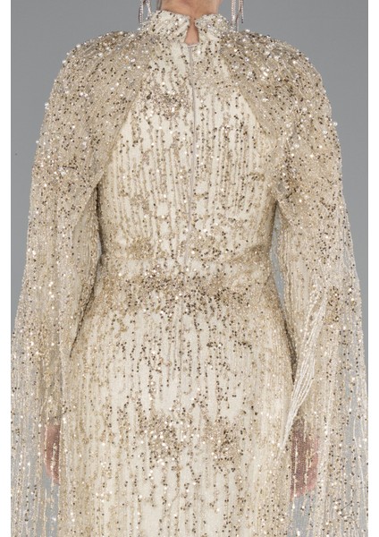 Uzun Kol Şallı Dik Yaka Pullu Tesettür Abiye ABU4993 fırsatları