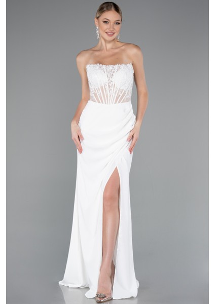 Straplez Güpür Aplikeli Yırtmaçlı Uzun Abiye Elbise ABU5001 fiyatları