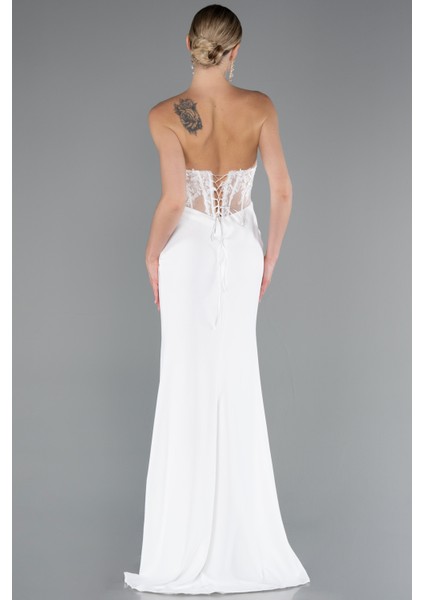 Straplez Güpür Aplikeli Yırtmaçlı Uzun Abiye Elbise ABU5001 modelleri