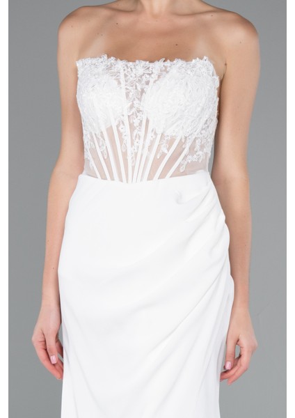 Straplez Güpür Aplikeli Yırtmaçlı Uzun Abiye Elbise ABU5001 fırsatları