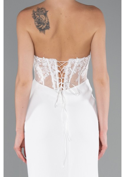 Straplez Güpür Aplikeli Yırtmaçlı Uzun Abiye Elbise ABU5001 indirimleri