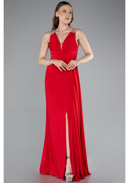 Kolsuz V Yaka Yırtmaçlı Uzun Abiye Elbise ABU4967