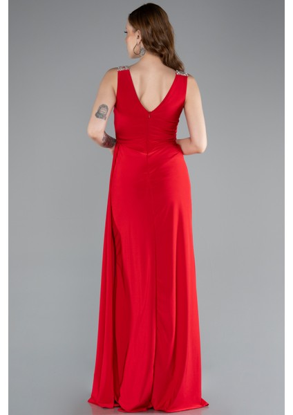 Kolsuz V Yaka Yırtmaçlı Uzun Abiye Elbise ABU4967 fiyatları