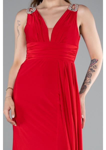 Kolsuz V Yaka Yırtmaçlı Uzun Abiye Elbise ABU4967 modelleri