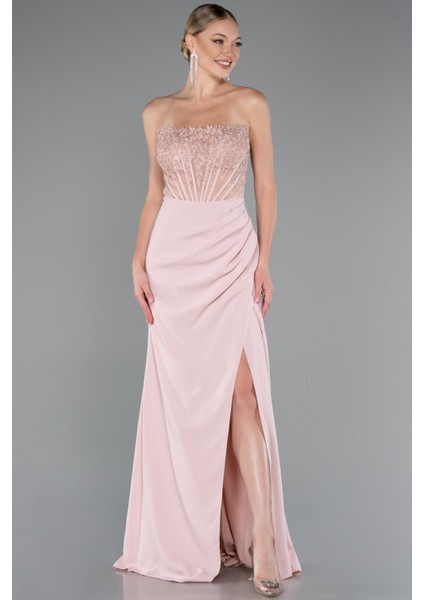 Straplez Güpür Aplikeli Yırtmaçlı Uzun Abiye Elbise ABU5001