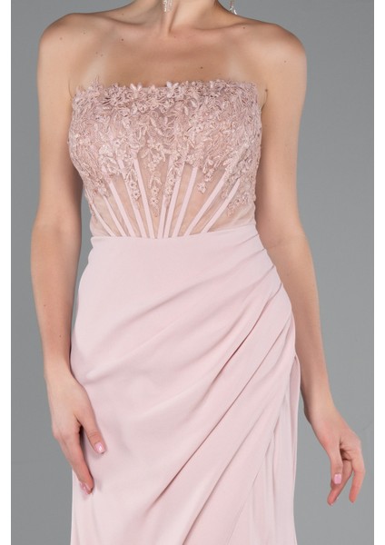 Straplez Güpür Aplikeli Yırtmaçlı Uzun Abiye Elbise ABU5001 modelleri