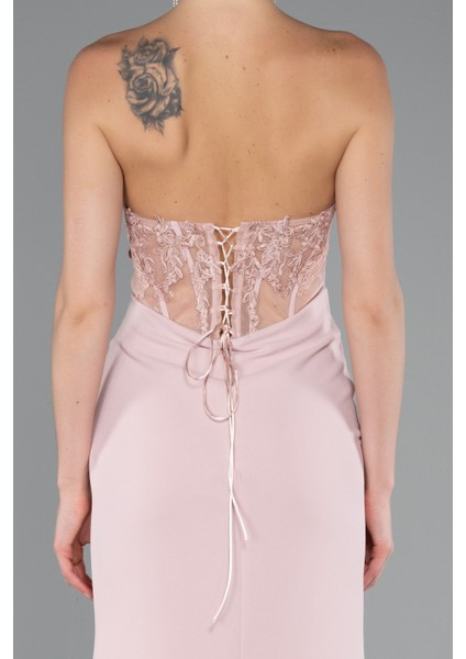 Straplez Güpür Aplikeli Yırtmaçlı Uzun Abiye Elbise ABU5001 fırsatları