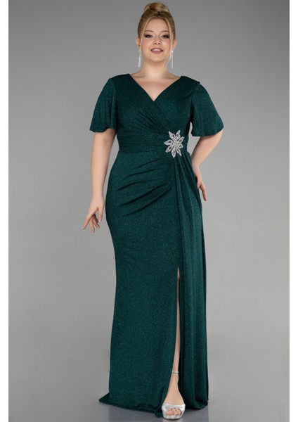 Kısa Kol Yırtmaçlı Uzun Simli Büyük Beden Abiye ABU5011