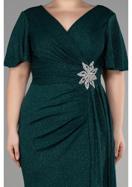 Kısa Kol Yırtmaçlı Uzun Simli Büyük Beden Abiye ABU5011 modelleri