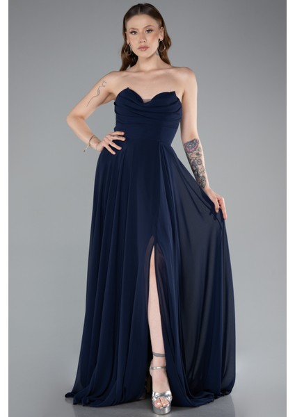 Straplez Bacak Dekolteli Uzun Şifon Mezuniyet Elbisesi ABU4966