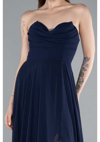 Straplez Bacak Dekolteli Uzun Şifon Mezuniyet Elbisesi ABU4966 modelleri