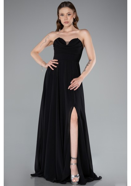 Straplez Bacak Dekolteli Uzun Şifon Mezuniyet Elbisesi ABU4966