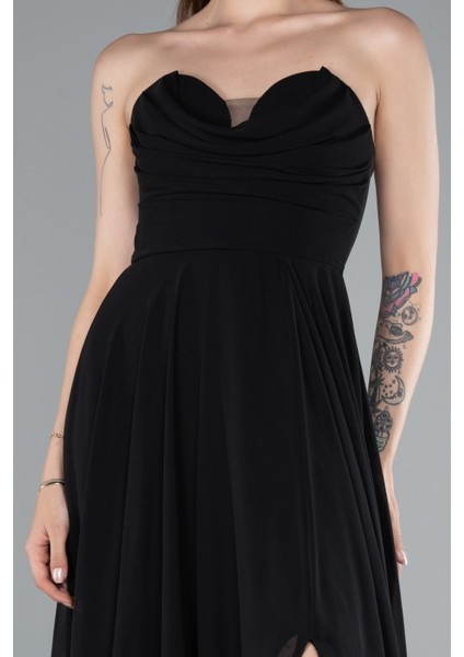 Straplez Bacak Dekolteli Uzun Şifon Mezuniyet Elbisesi ABU4966 modelleri