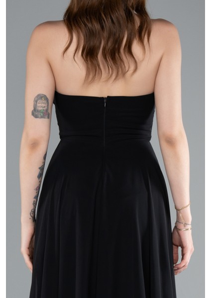 Straplez Bacak Dekolteli Uzun Şifon Mezuniyet Elbisesi ABU4966 fırsatları